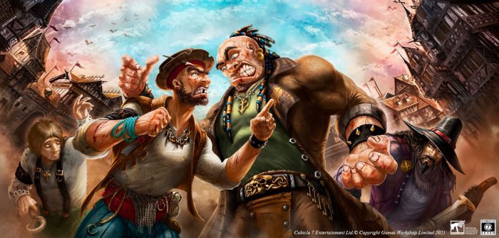 Miembros de las bandas de los Garfios y los Peces enfrentándose en los muelles de Altdorf – Ilustración de Yugin Maffioli